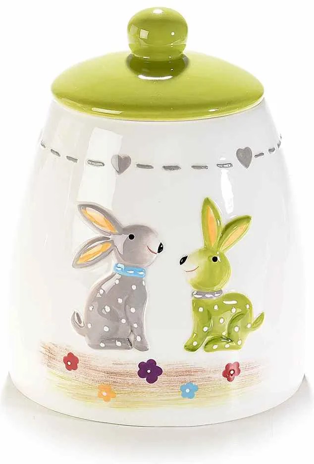 Borcan decorativ Paste model Iepuras ceramica verde alb Ø 12 cm x 15 h