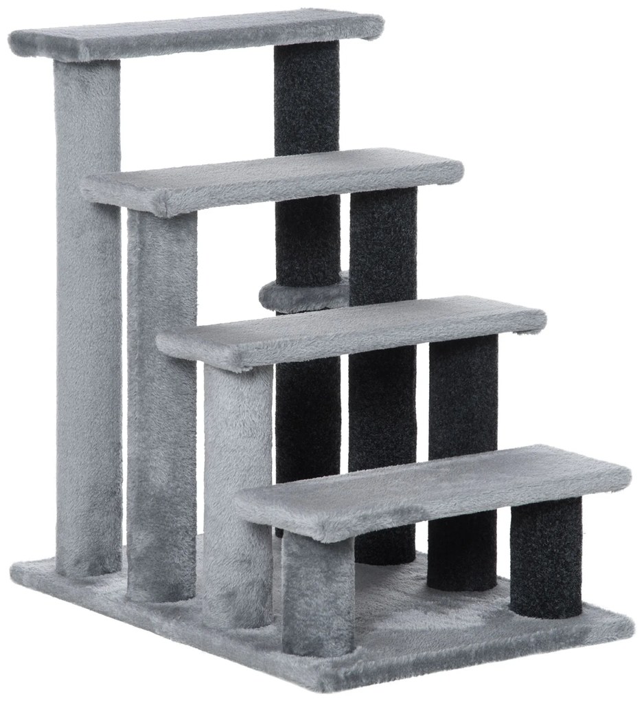 PawHut Scara pentru pisici cu 4 trepte Haustiertreppe cu coloane pentru zgâriere Minge Scara pentru câini Scara pentru animalele de companie pentru pisici de până la 5 kg Pluș Iută Gri 60 x 40 x 64 cm | Aosom Romania