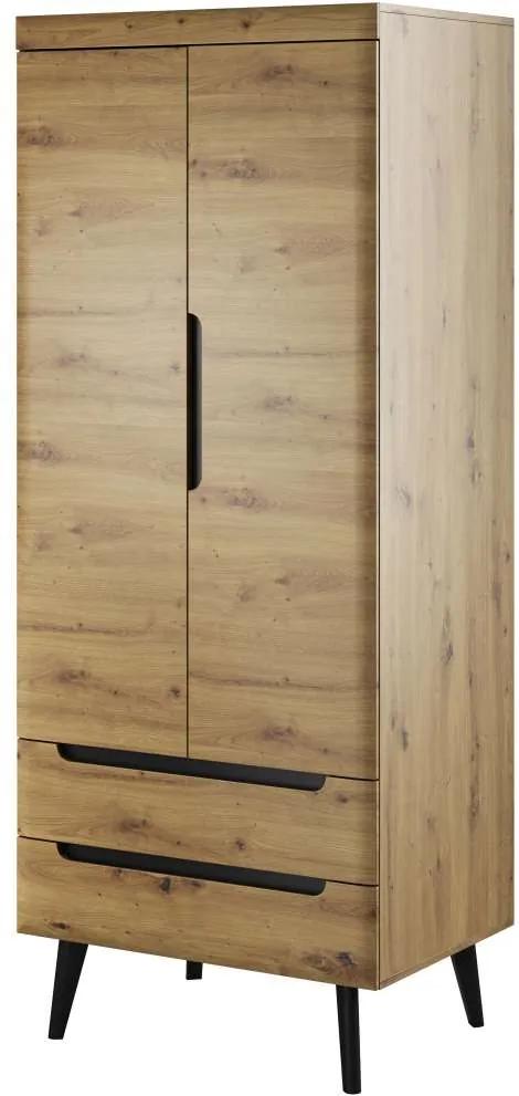 Șifonier cu uși și sertare Alix, 197x80x56 cm, pal/ mdf/ lemn, maro/ negru
