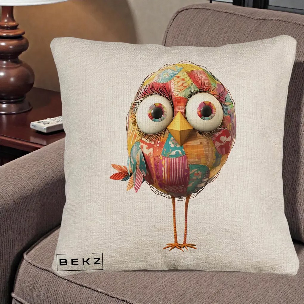 Perna Decorativa Pasare Patchwork cu Gene Lungi, 40x40 cm, Bej Canapea, Husa Detasabila, Perna Inclusa, BEKZ®