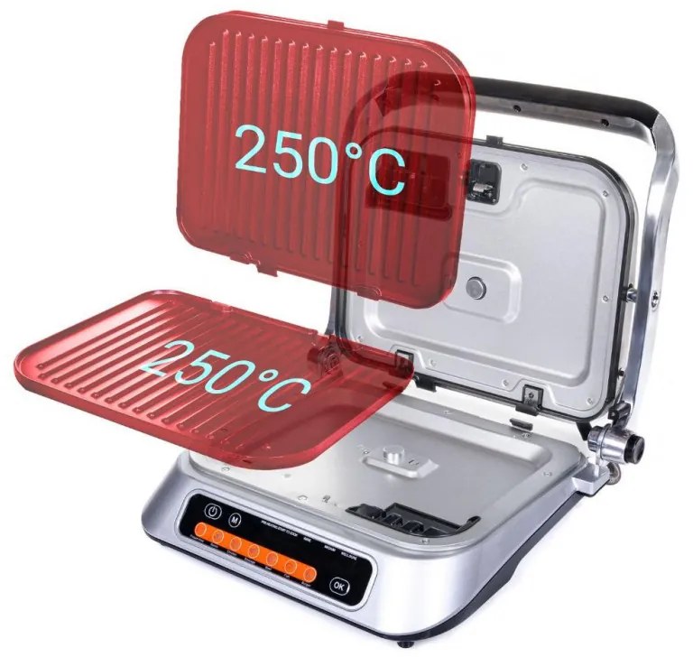 Gratar electric First Austria FA-5344-3, 2100W, 7 programe, Placi detasabile, Deschidere 180°, Otel inoxidabil