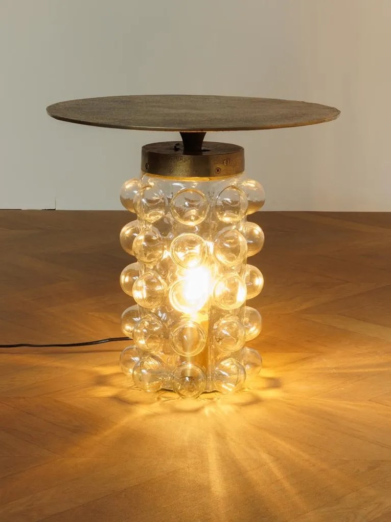 Măsuță laterală iluminată rotundă din metal și sticlă, auriu, cu bază din sticlă cu bule, finisaj antichizat, 45 x 45 cm, „Mirobola”