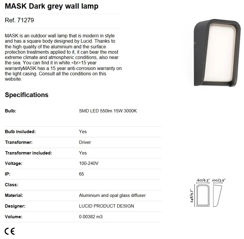 Aplica LED perete exterior design modern IP65 MASK gri