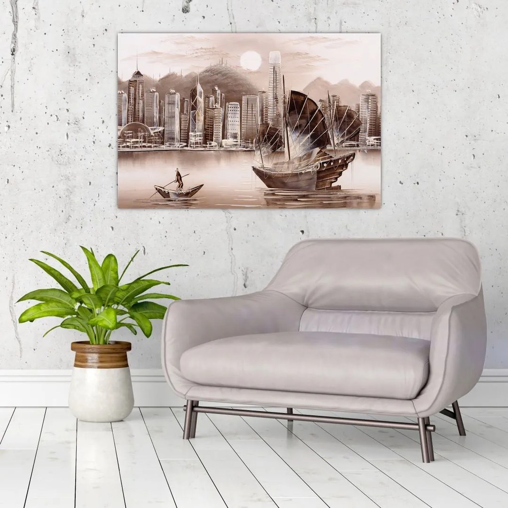 Tablou - Victoria Harbour, Hong Kong, efect sepia (90x60 cm)