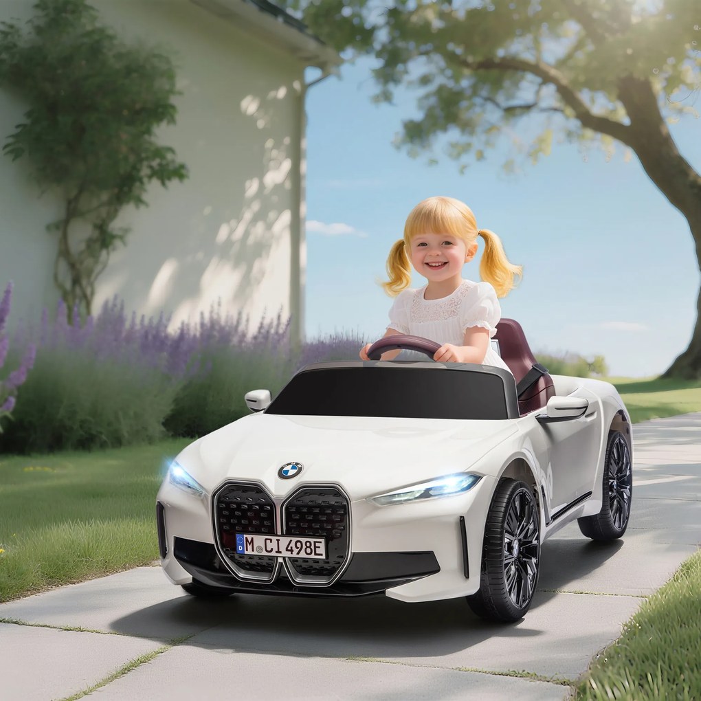 HOMCOM Masinuta Electrica pentru Copii BMW i4 cu Licenta de 12V cu Telecomanda, Baterii Portabile, Muzica, Claxon, pentru 3-6 ani Alb | Aosom Romania