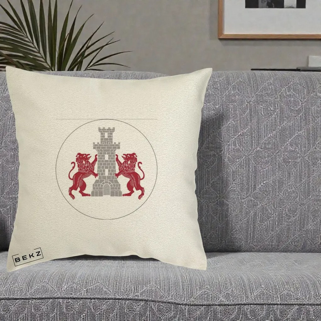 Perna Personalizata Cetatea Turnu Magurele Heraldic, 40x40 cm, Ecru, Husa Detasabila, Perna Inclusa, BEKZ®