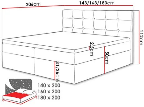 Pat matrimonial Boxspring 160 cm Cinara (piele ecologică soft 011 (Negru). 1054107
