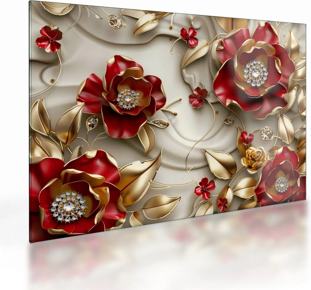 Tablou pe sticlă - Flori 3D Roșu-Auriu (70x50 cm)