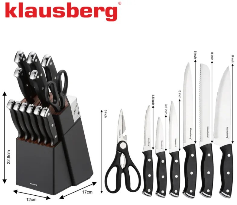 Set cuțite Klausberg KB 7985, 13 piese, Oțel inoxidabil, Mâner + ascuțitor, Negru