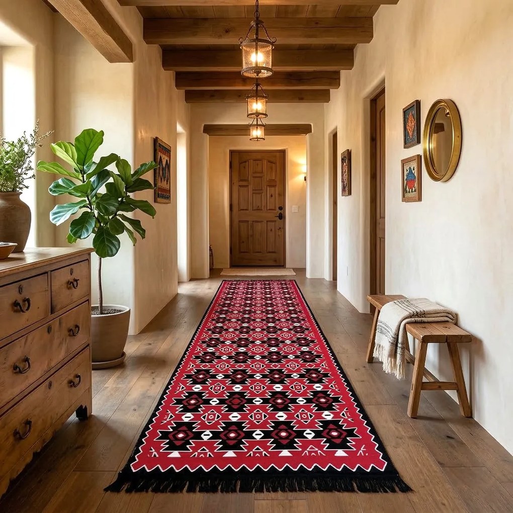 Traversa hol tesuta traditional, 80x300 cm, 2 fete, Model Kilim Grena-Negru