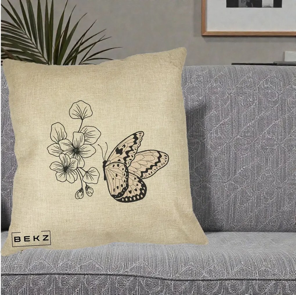 Perna Decorativa Fluture si Flori Linie Monocroma, 40x40 cm, Crem, Husa Detasabila, Perna Inclusa, BEKZ®