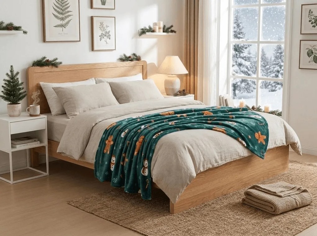 Patura microplus de Craciun SNOWMAN AND GINGERBREAD verde Dimensiuni: 150 x 200 cm