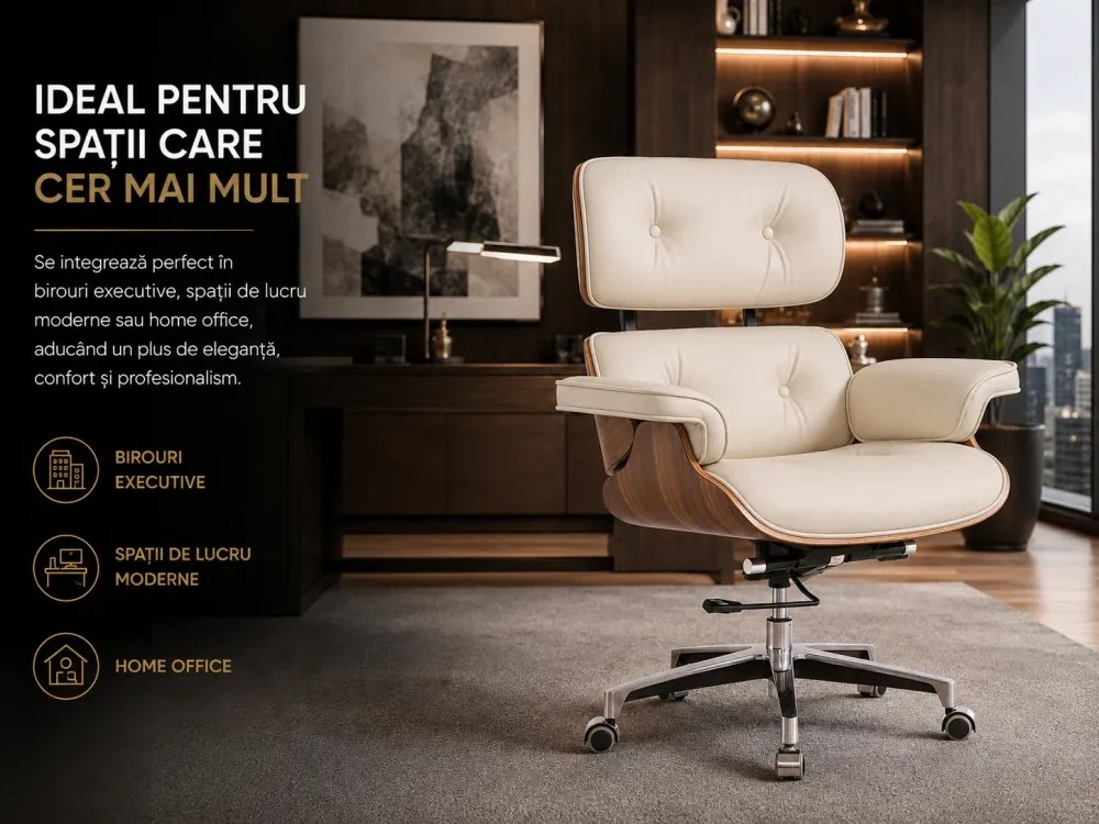 EXECUTIVE PRESTIGE – Scaun Directorial Ergonomic Premium, cu Piele PU, Furnir din Lemn Natur, Bază din Aluminiu, Reglaj pe Înălțime și Funcție de Înclinare, Alb