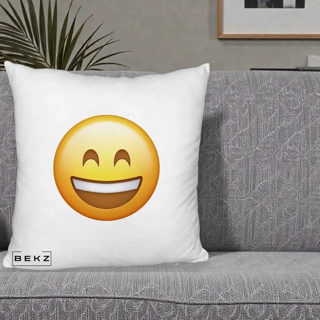Perna Decorativa Emoji Zambet Mare, 40x40 cm, Alb Pufos, Husa Detasabila, Perna Inclusa, BEKZ®