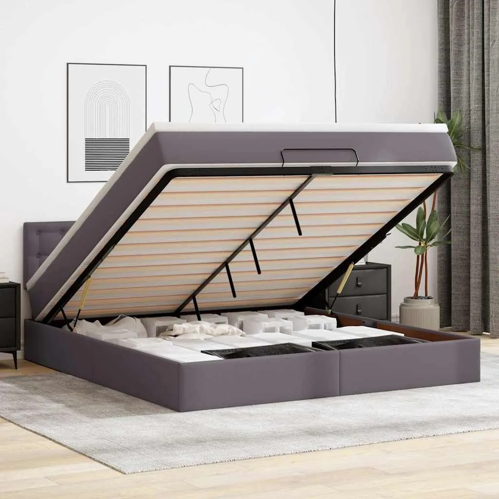 vidaXL Pat otoman cu saltele și LEDs, gri, 160x200cm, piele ecologică