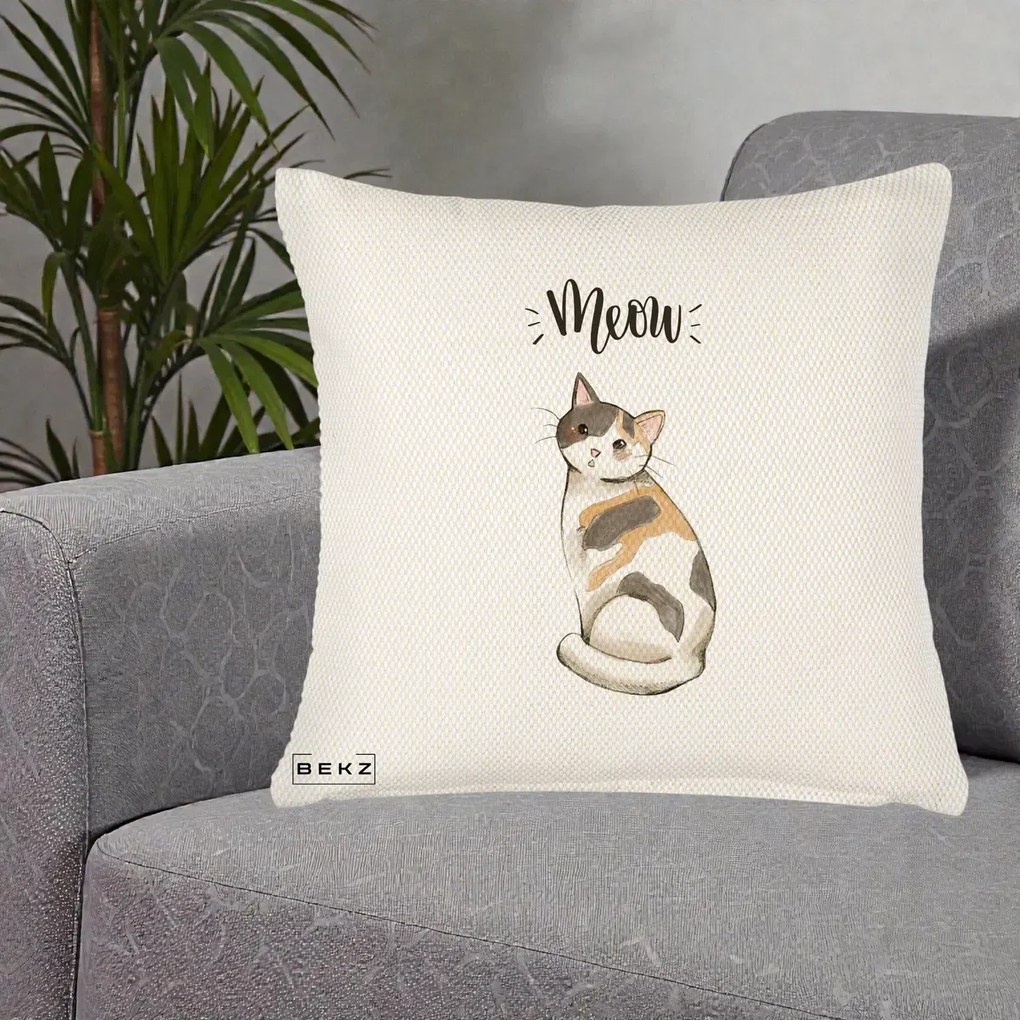 Perna Personalizata Pisica Meow Acuarela, 40x40 cm, Crem Reliefat, Husa Detasabila, Perna Inclusa, BEKZ®