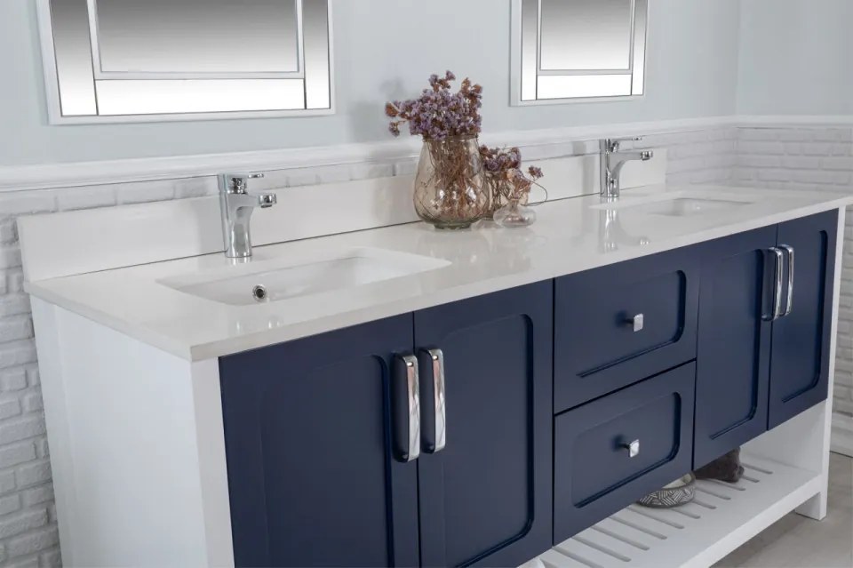 Set Mobilier Baie Yampa 72, Include Dulap Baza cu Lavoar Dublu și 2 Oglinzi, 180 cm, Albastru Inchis / Alb