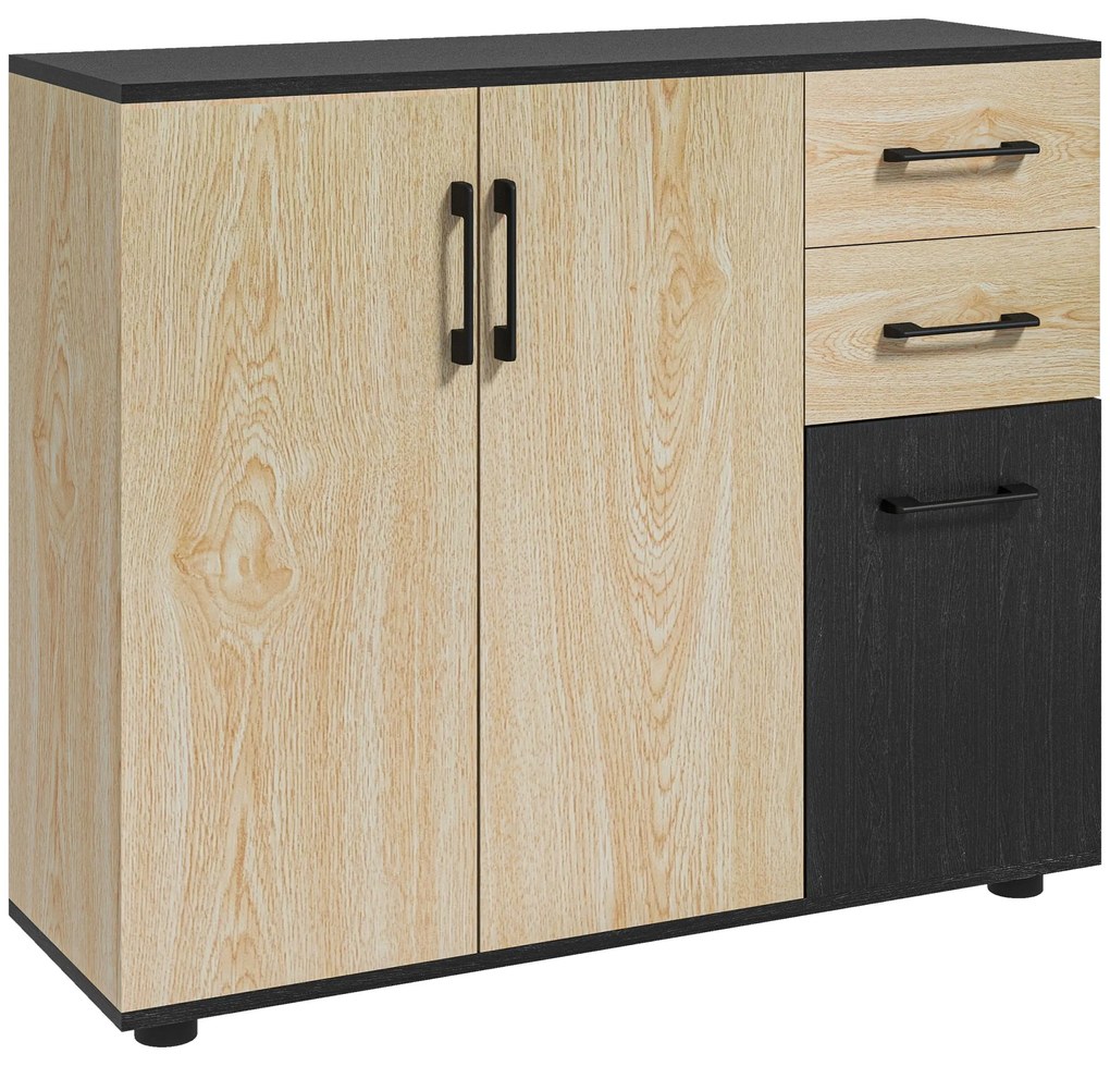 Bufet modern cu 2 dulapuri și 2 sertare, bufet de bucătărie cu raft reglabil, 90x30x75,5 cm, de culori nuc și negru HOMCOM | Aosom Romania