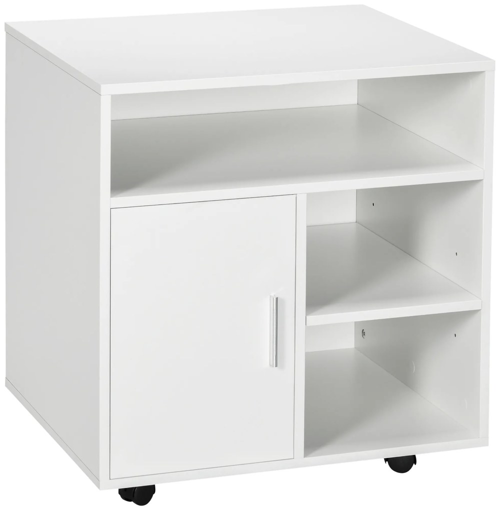 HOMCOM dulap cu sertare, cu 4 roti si 2 frane, usor de mutat, Dulap birou din Lemn, cu Rafturi Deschise, 60x50x65.5cm, Alb | Aosom Romania