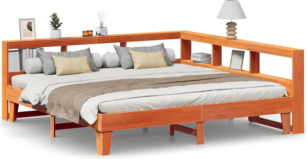 vidaXL Pat cu bibliotecă fără saltea maro 200x200 cm lemn masiv de pin