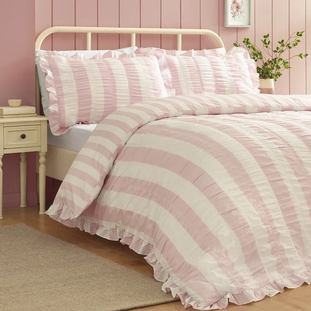 Lenjerie de pat roz pentru pat dublu cu 3 piese 200x200 cm Seersucker Frill Stripe – Catherine Lansfield