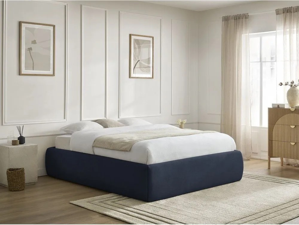 Pat matrimonial albastru închis tapițat cu spațiu de depozitare/fără tăblie cu somieră 180x200 cm Inera – Bobochic Paris