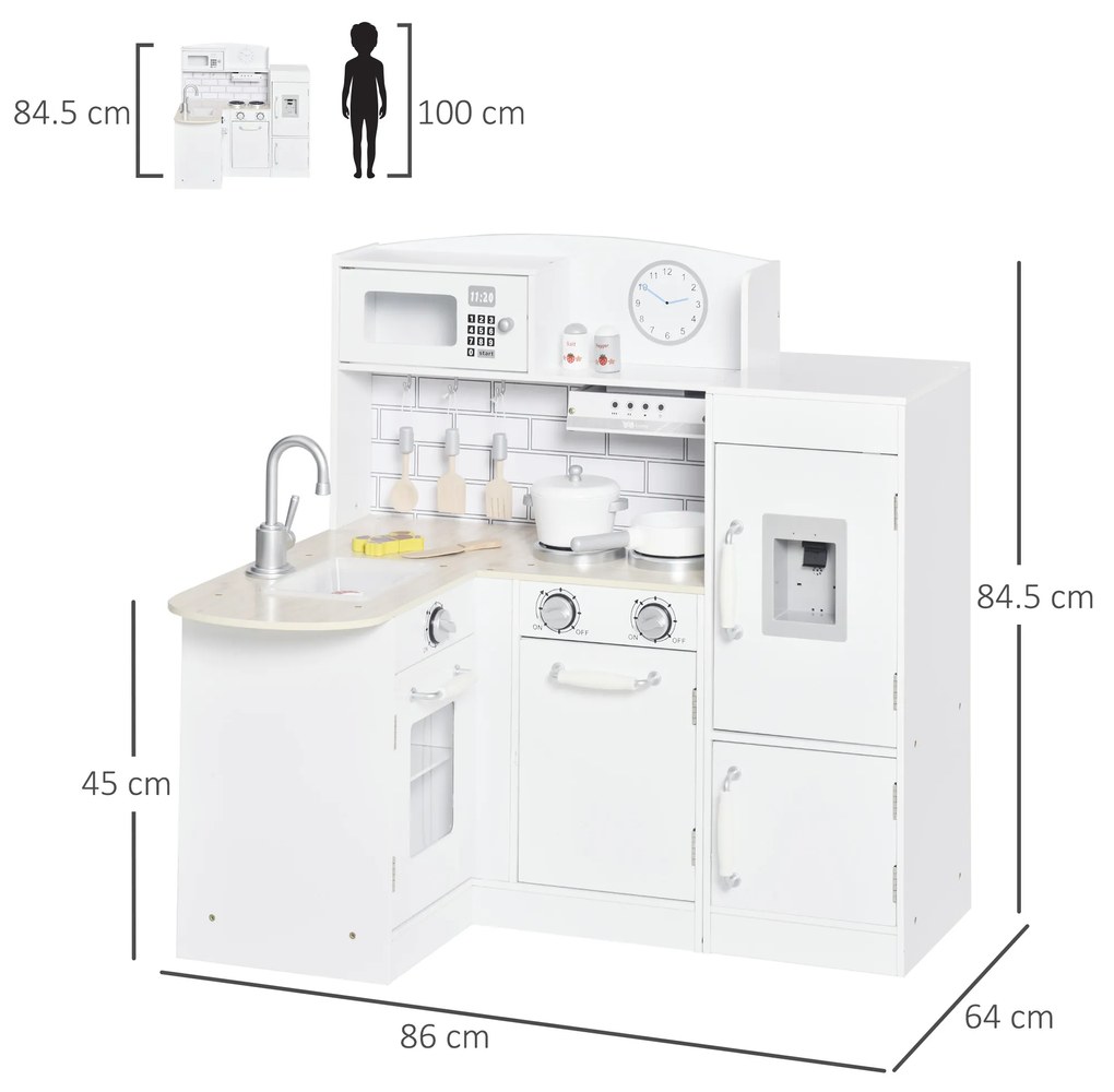 Bucatarie Jucarie HOMCOM din lemn cu 14 Accesorii, Varsta 3+ Ani, 86x64x84.5cm, Alb si Argintiu | Aosom Romania