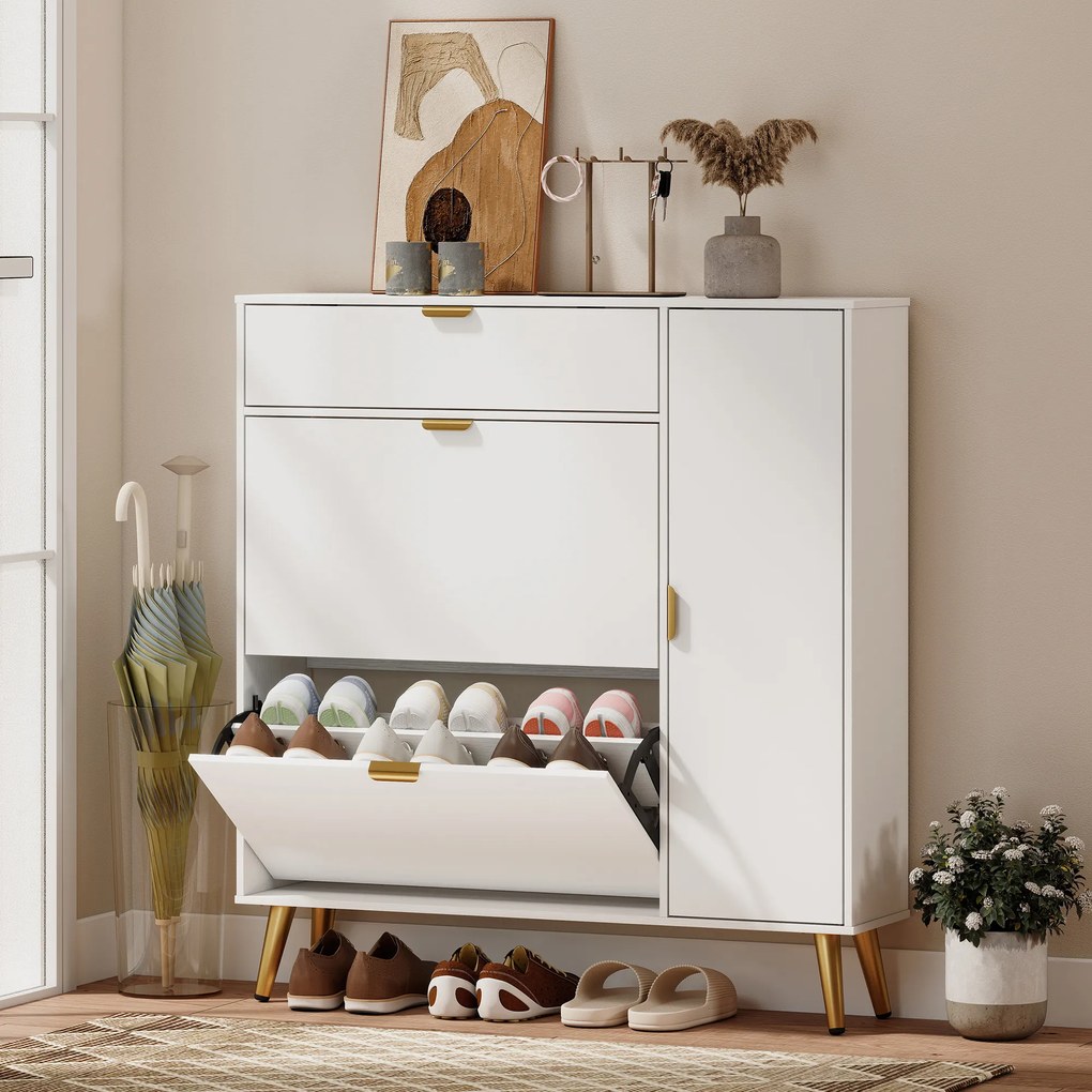 HOMCOM Dulap pentru Pantofi Slim cu Uși Rabatabile, Rafturi Reglabile, pentru 12 Perechi, Alb | Aosom Romania