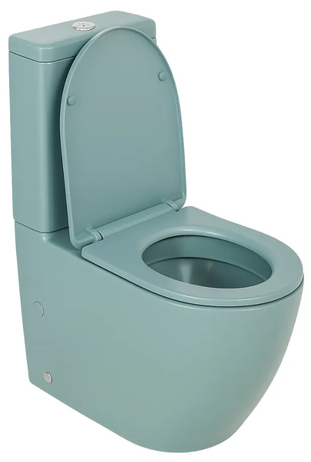 Set vas wc stativ rimless verde turcoaz mat Foglia Oslo cu rezervor si capac soft close inclus Turcoaz mat