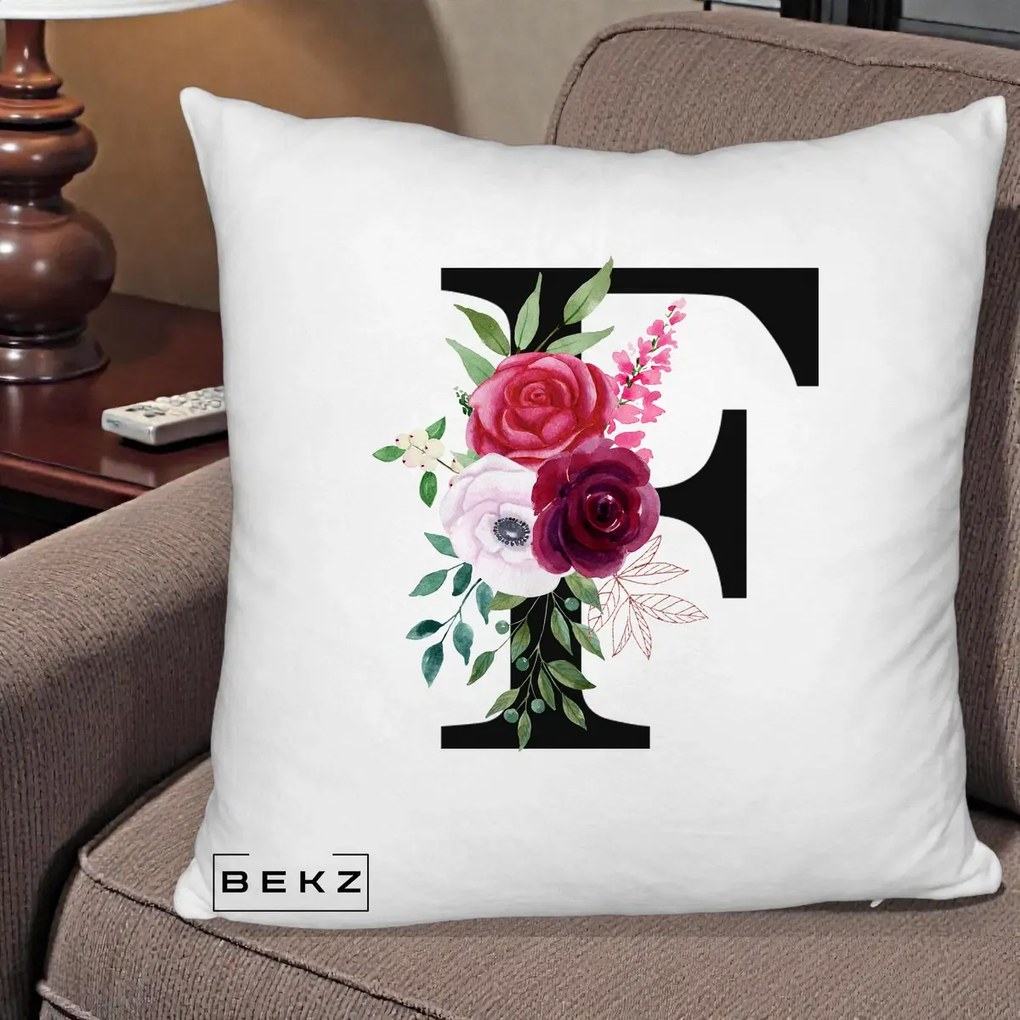 Cadou Personalizat - Perna Personalizata Monograma Florala Litera F, 40x40 cm, Alb Pufos, Husa Detasabila, Perna Inclusa, BEKZ®