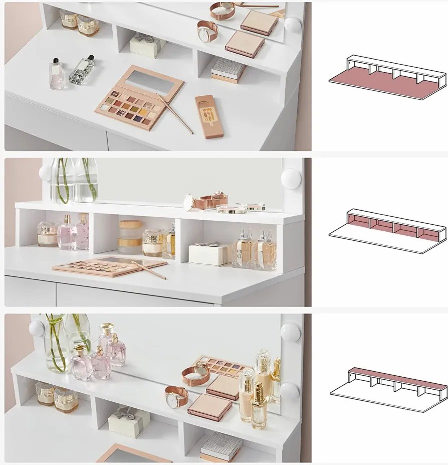 Masuta machiaj cu Oglinda LED si 2 Sertare pentru Cosmetice, Set Masa toaleta 80 cm, Alb, masuta cosmetica, vanity - SEA385