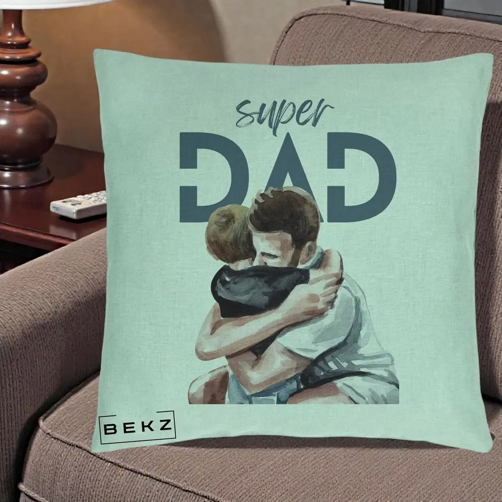 Cadou pentru Tata - Perna Personalizata Super Dad Tata si Fiu Imbratisare, 40x40 cm, Verde Menta, Husa Detasabila, Perna Inclusa, BEKZ®