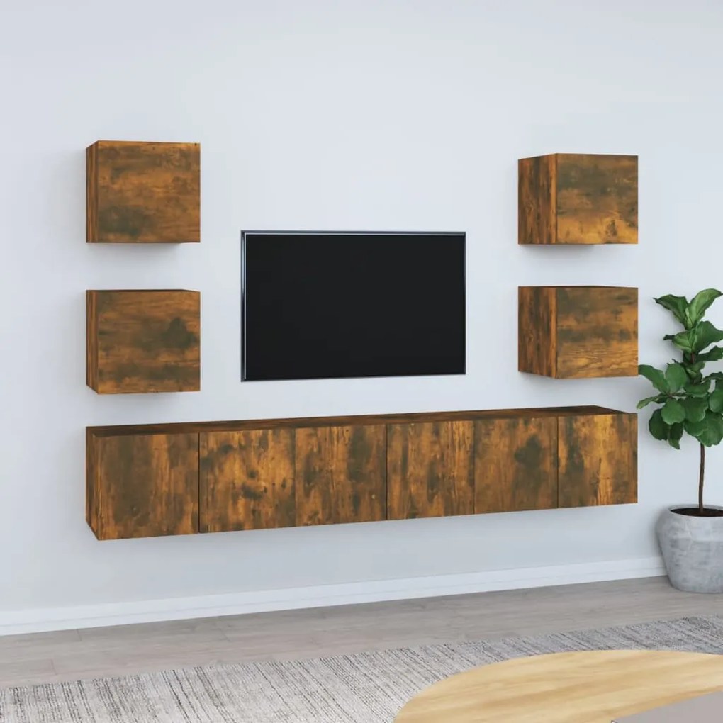 3120242 vidaXL Set comodă TV, 7 piese, stejar fumuriu, lemn compozit