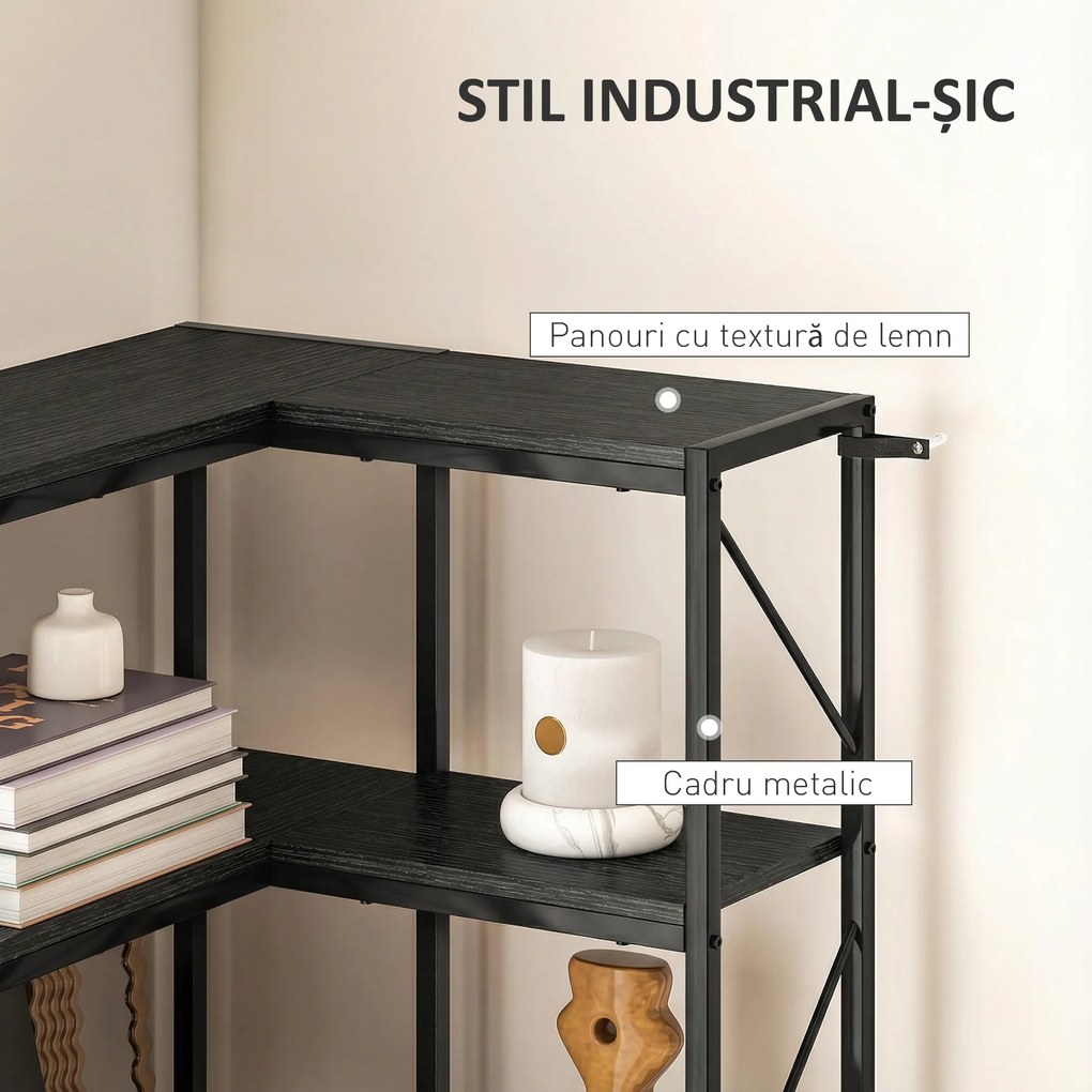 HOMCOM Bibliotecă Colțar cu 7 Rafturi, Stil Industrial, Efect Lemn Negru | Aosom Romania