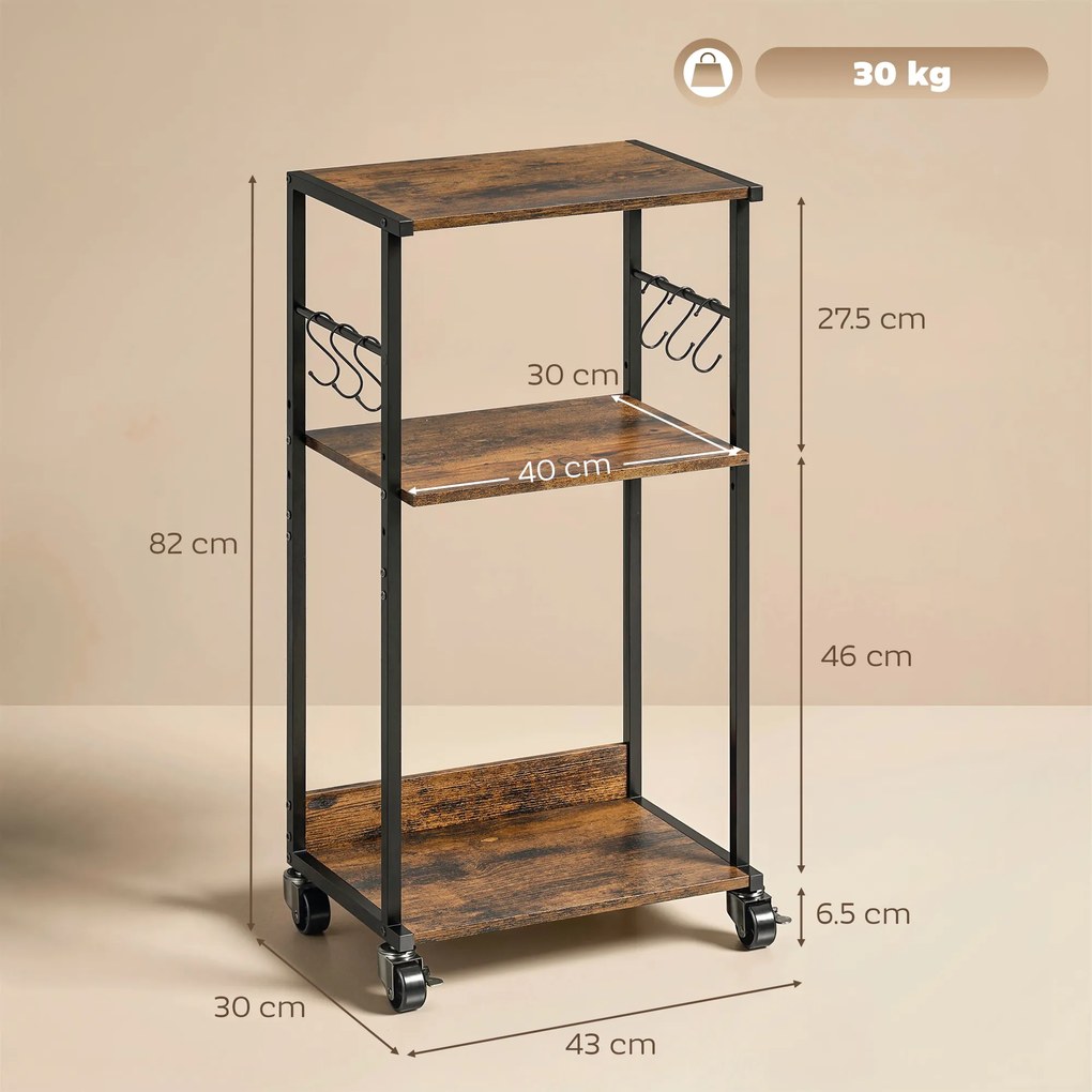 HOMCOM Dulap Imprimantă Industrial 3 Niveluri, Roți și Cârlige, Maro Rustic. | Aosom Romania