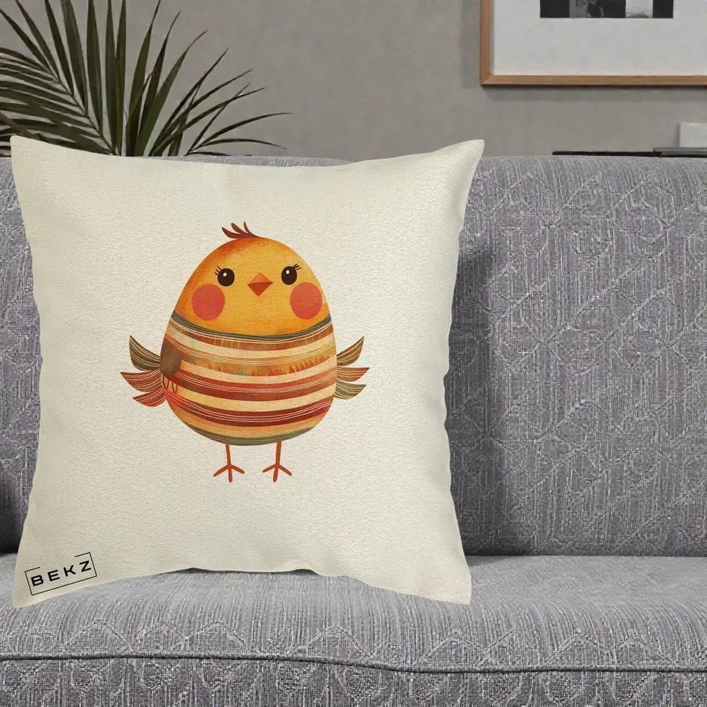 Perna Decorativa Pui Kawaii Portocaliu Dungi Calde, 40x40 cm, Ecru, Husa Detasabila, Perna Inclusa, BEKZ®