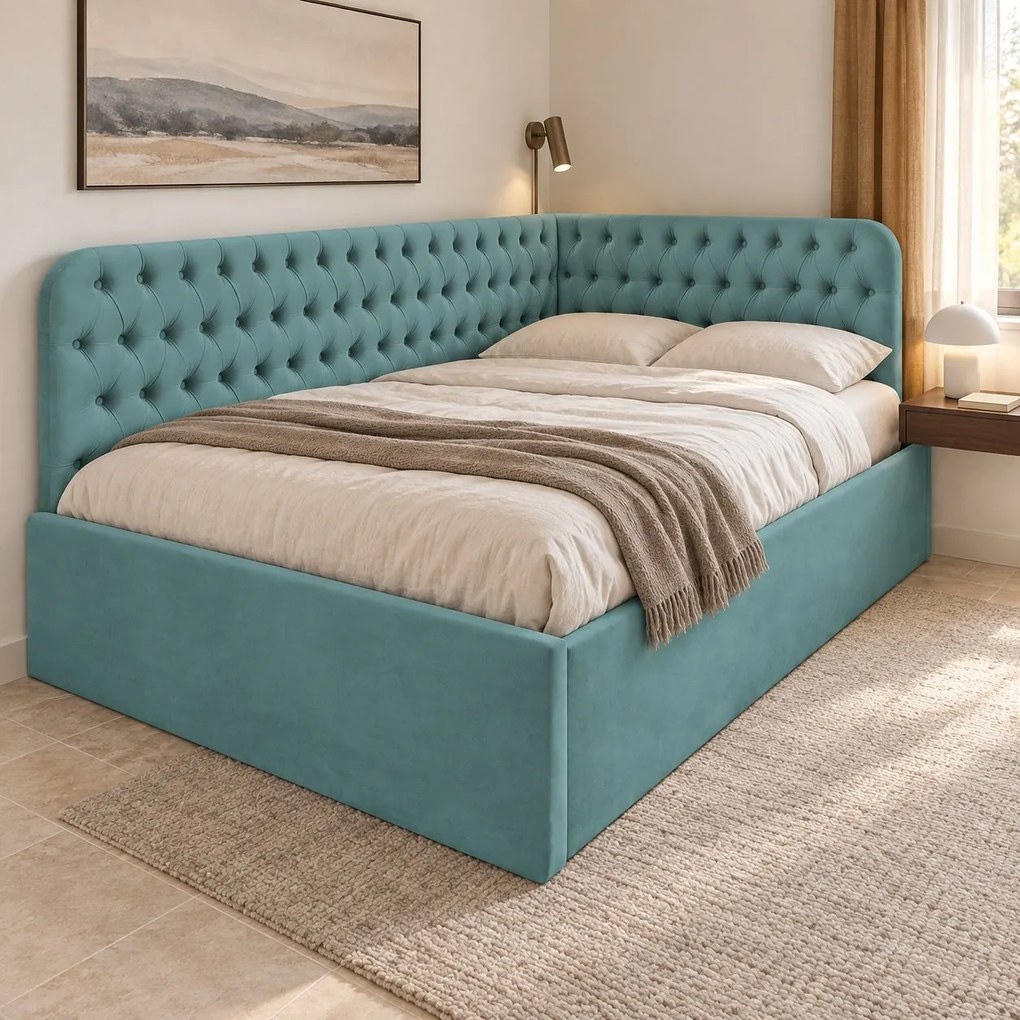 Pat tapițat pentru copii din catifea Elyra 120×200 cm, verde marin, colț stânga, cu ladă de depozitare