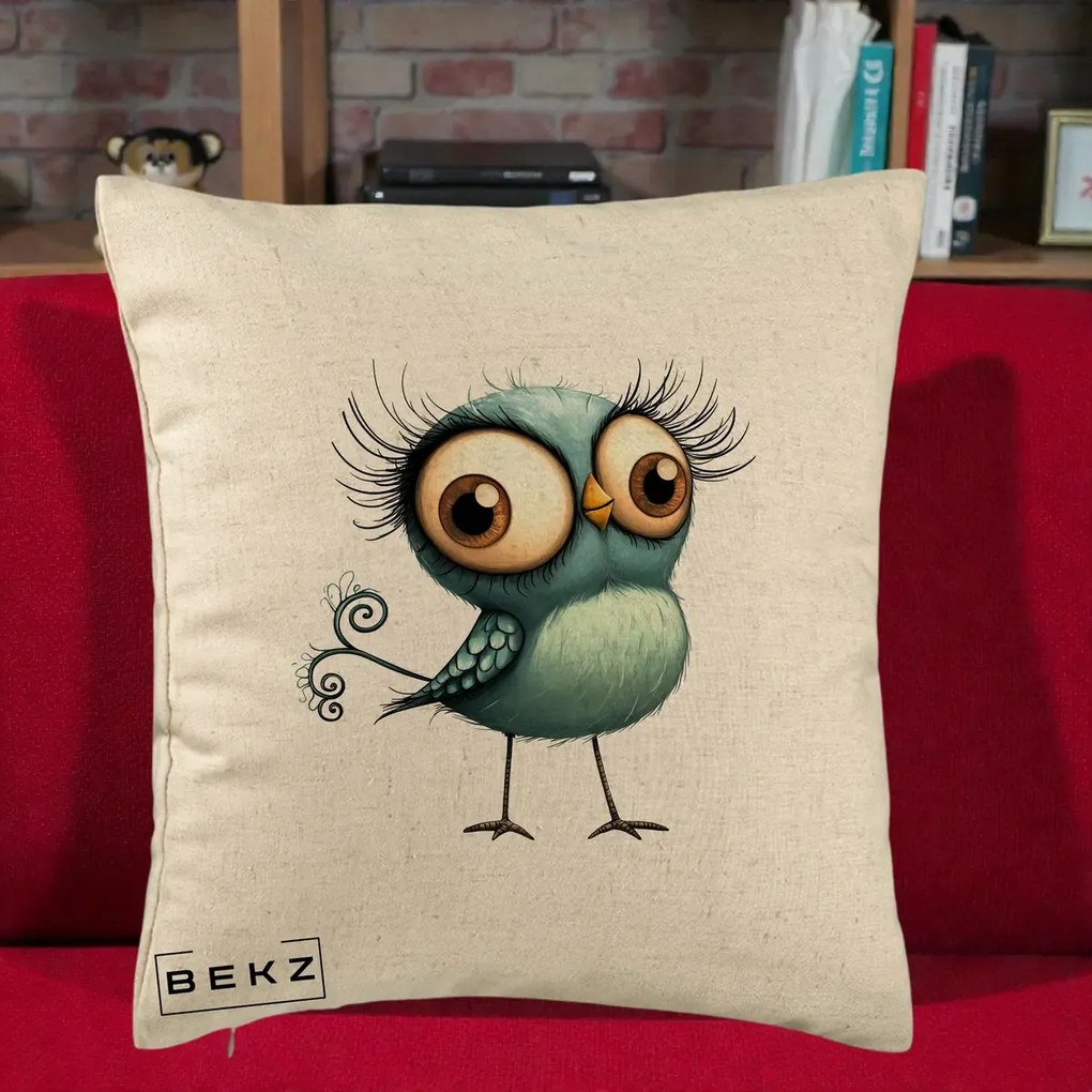 Perna Decorativa Pasare Teal cu Gene si Coada Spiralata, 40x40 cm, Bej, Husa Detasabila, Perna Inclusa, BEKZ®