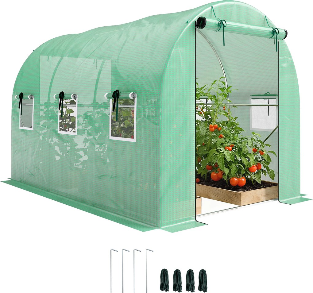 Outsunny Seră 3 x 2 x 2 m din folie cu ușă rulantă, 2 uși cu fermoar & 6 ferestre cu plasă, tije de susținere, Verde | Aosom Romania