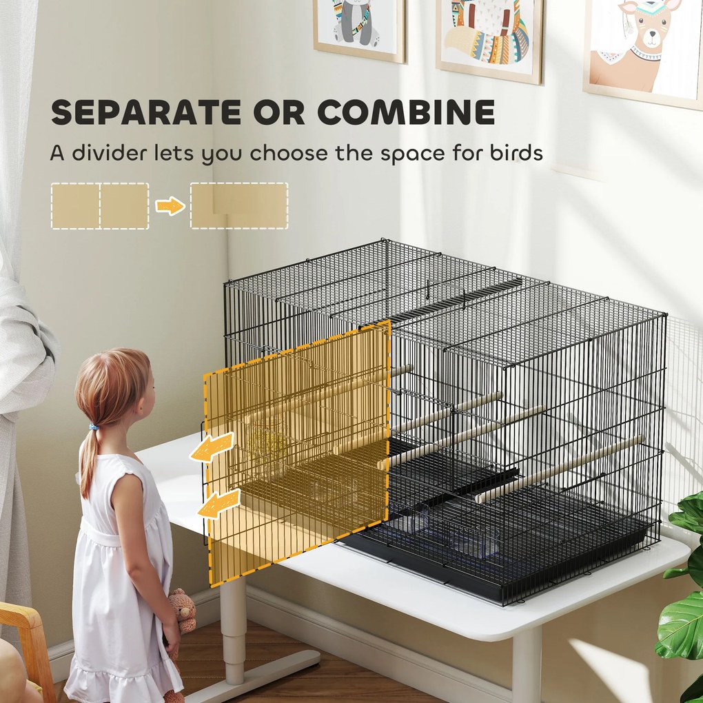 PawHut Colivie pentru Păsări cu Separator, Raft Inferior, 4 Stinghii și 4 Hrănitoare, 94x57x57 cm, Negru | Aosom Romania