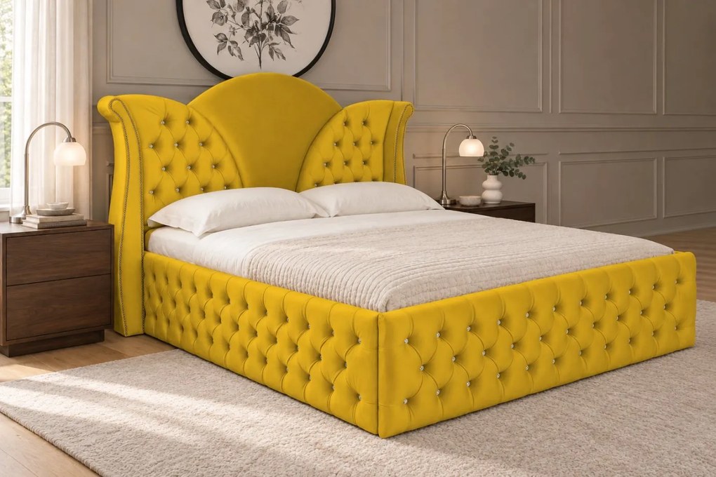 Pat tapițat Chesterfield din catifea Velora Deluxe 140×200 cm, galben muștar, cu ladă de depozitare