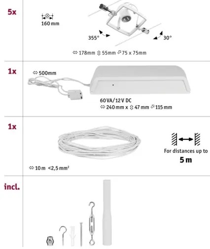 Paulmann 94432 - Set 5xGU5,3/10W, sistem complet cu cablu MAC, 230V, alb