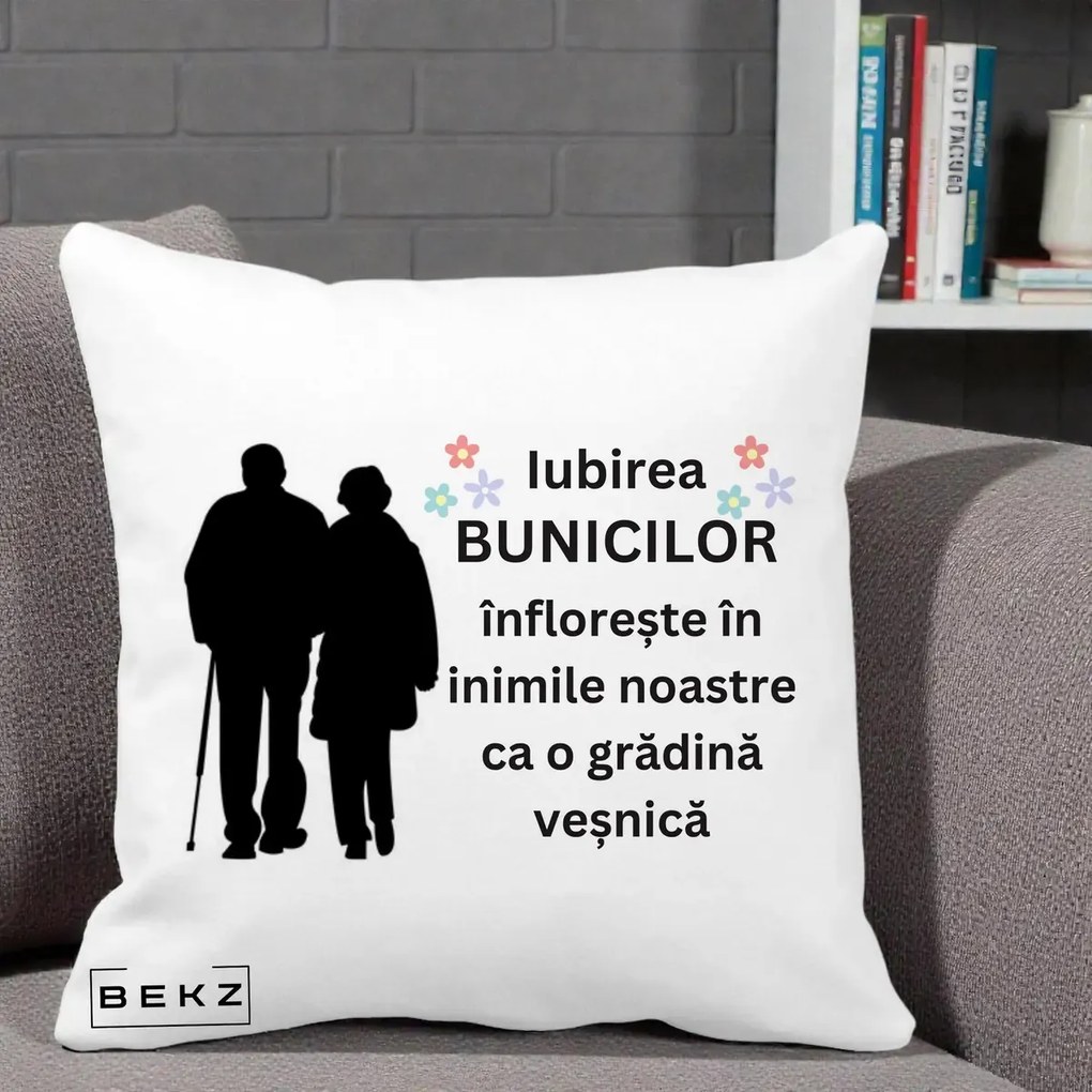 Cadou pentru Bunici - Perna Personalizata Bunicii Iubirea Infloreste Silueta Neagra Flori, 40x40 cm, Alba Mata, Husa Detasabila, Perna Inclusa, BEKZ®