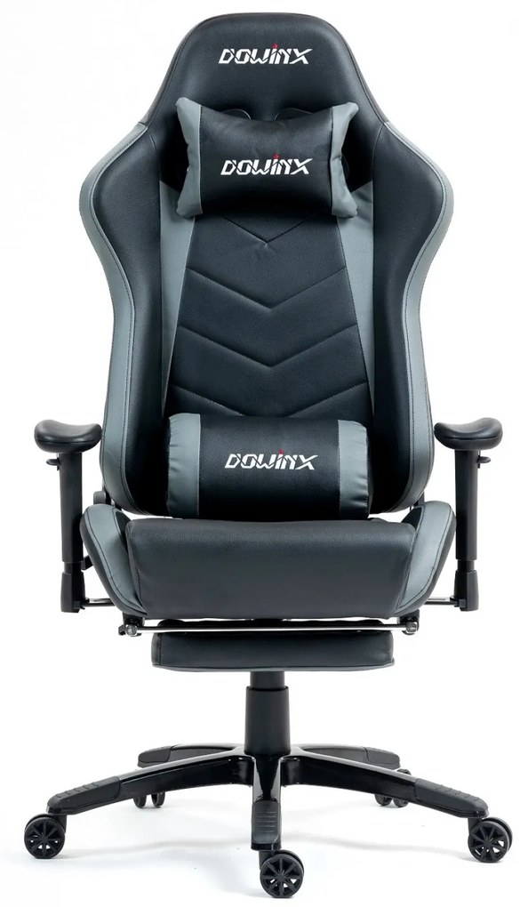 DOWINX Scaun gaming, ergonomic, suport lombar cu masaj, spătar rabatabil 90-180°, cotiere reglabile, suport pentru picioare, rezistent 150 kg, piele PU, Negru/Gri