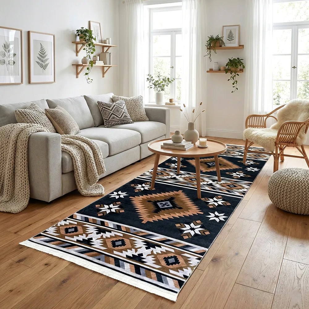 Traversa hol antiderapanta, 80x300 cm, negru-maroniu, model etnic geometric