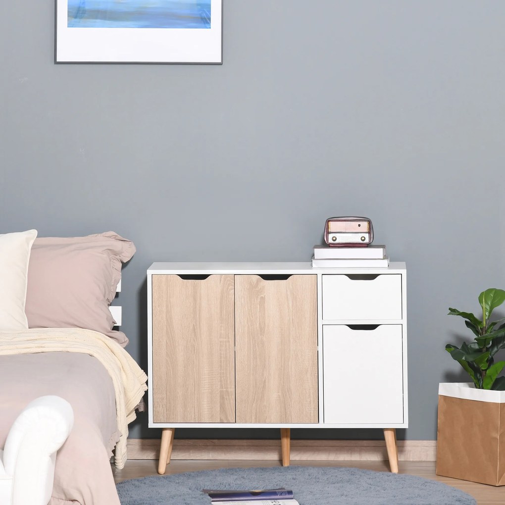 HOMCOM Dulap Multifuncțional cu Sertar și Uși, Stil Nordic, pentru Dormitor sau Living, Alb și Culoare Lemn | Aosom Romania