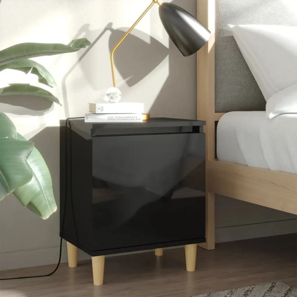 805830 vidaXL Noptiere cu picioare din lemn, 2 buc, negru extralucios, 40x30x50 cm
