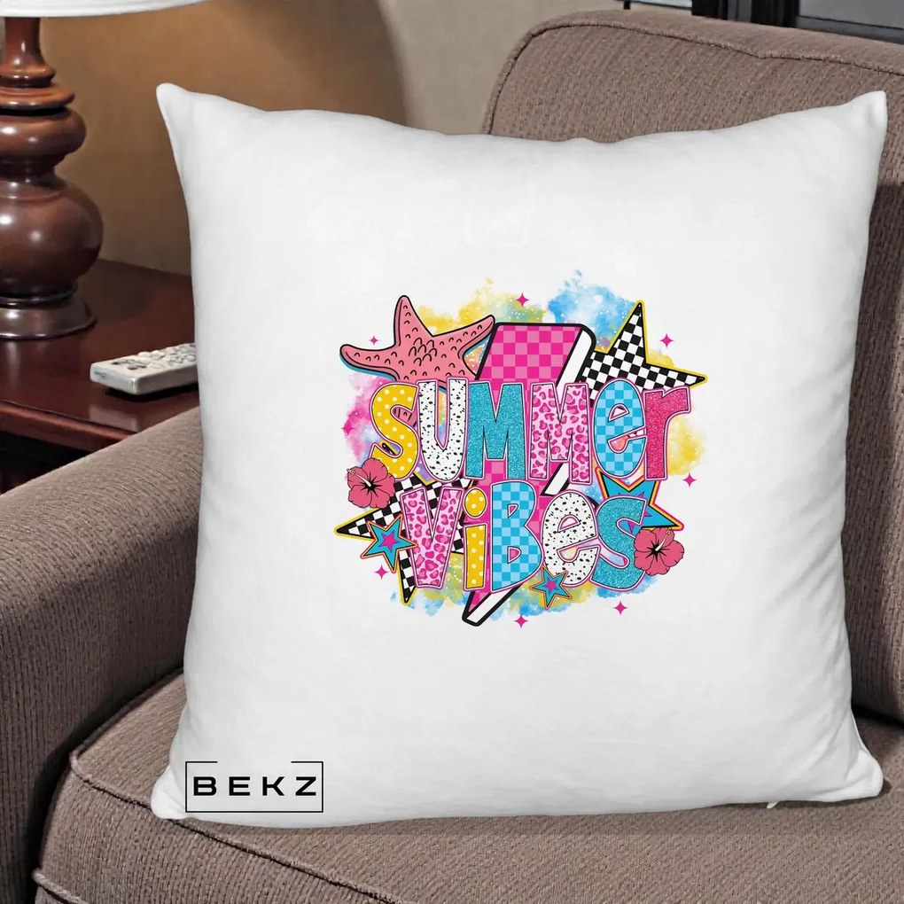 Perna Decorativa Summer Vibes Colorata, 40x40 cm, Alb Pufos, Husa Detasabila, Perna Inclusa, BEKZ®