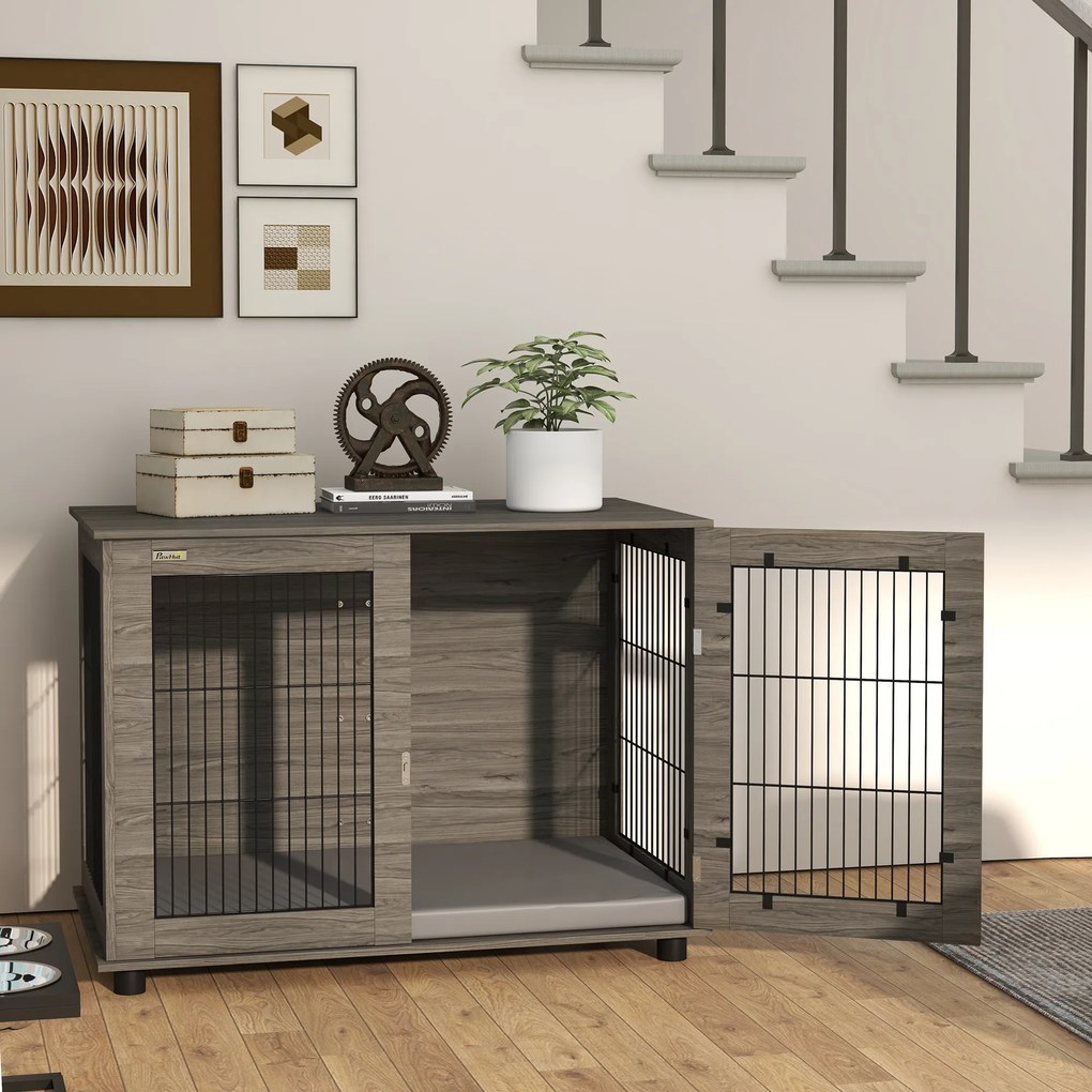 PawHut Cușcă pentru câine 2 în 1 masă de cafea cu pernă de plus detașabilă ușă blocabilă 100 x 60 x 73,5 cm gri | Aosom Romania