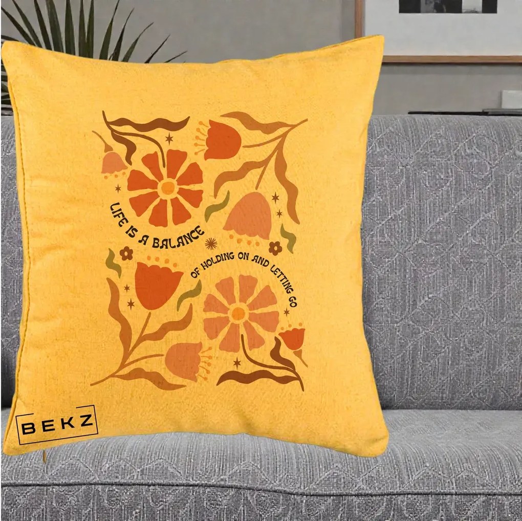 Perna Decorativa Life is a Balance Floral, 40x40 cm, Galben, Husa Detasabila, Perna Inclusa, BEKZ®
